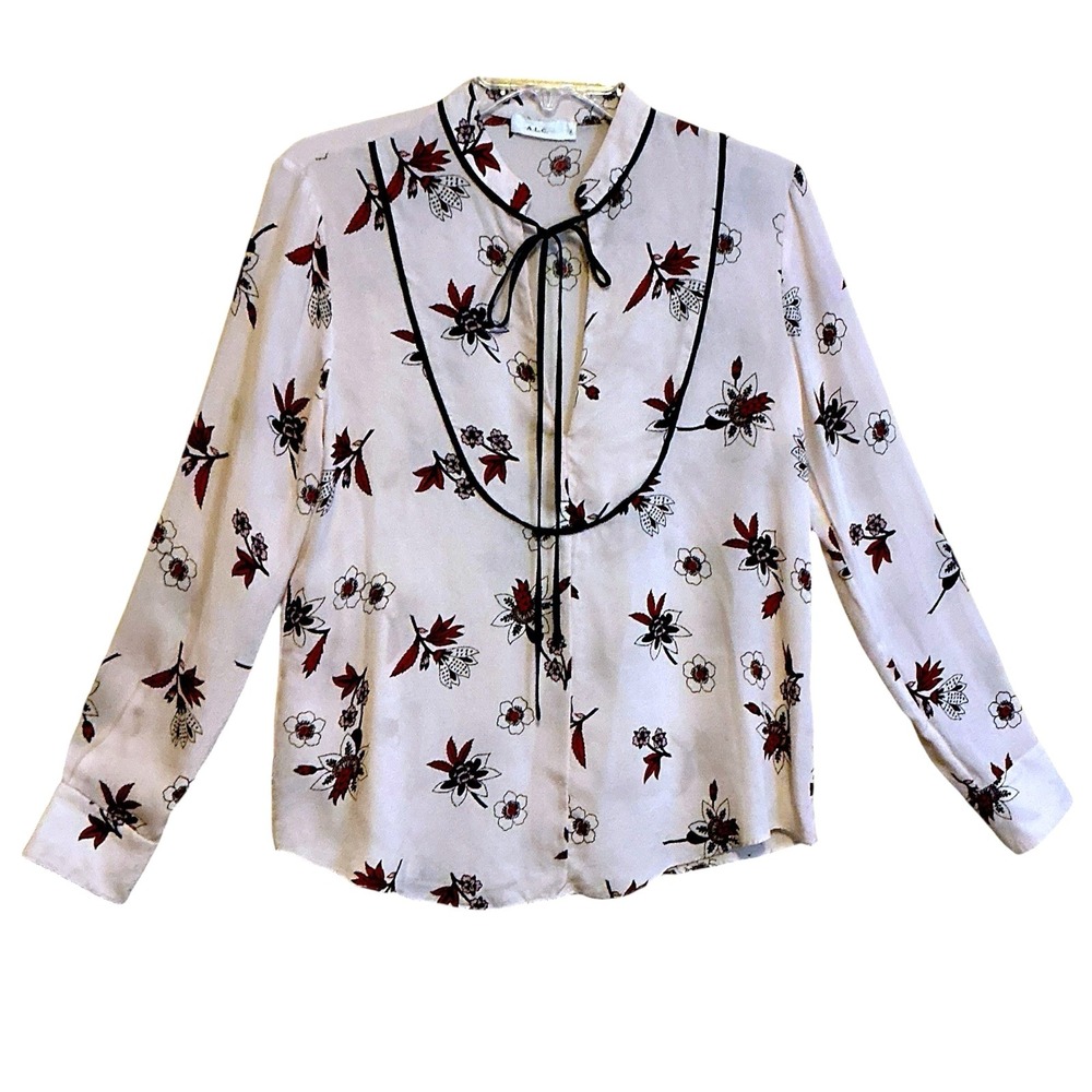A.L.C. 100% Silk Floral Blouse Size 4 Cream Tie Neck Mandarin Collar Top - Picture 2 of 8